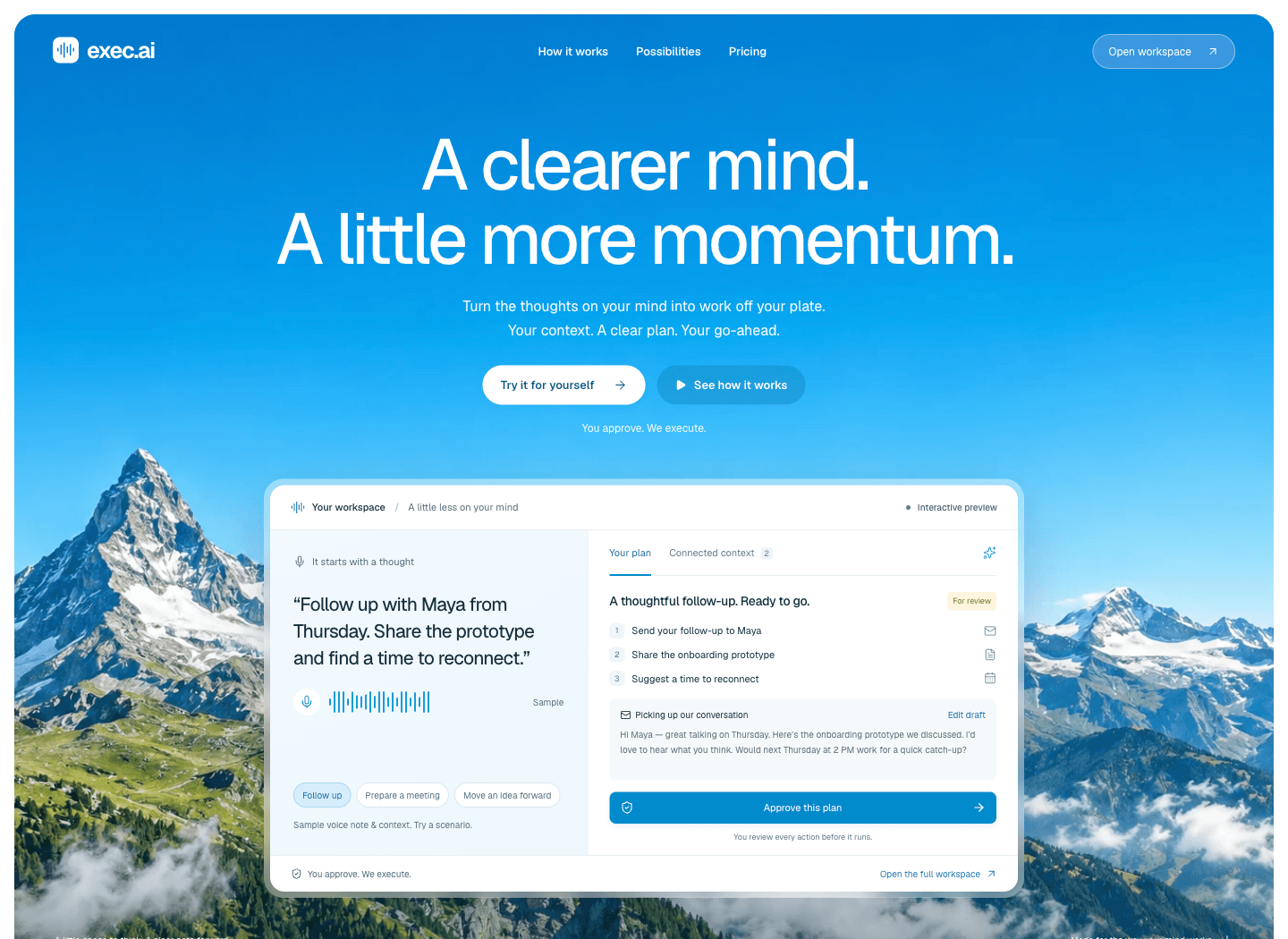 exec.ai's alpine blue homepage, showing a sample thought alongside an editable follow-up plan and approval button