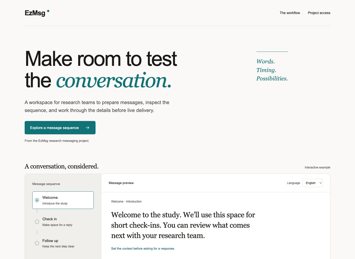 EzMsg product page with a message sequence and preview