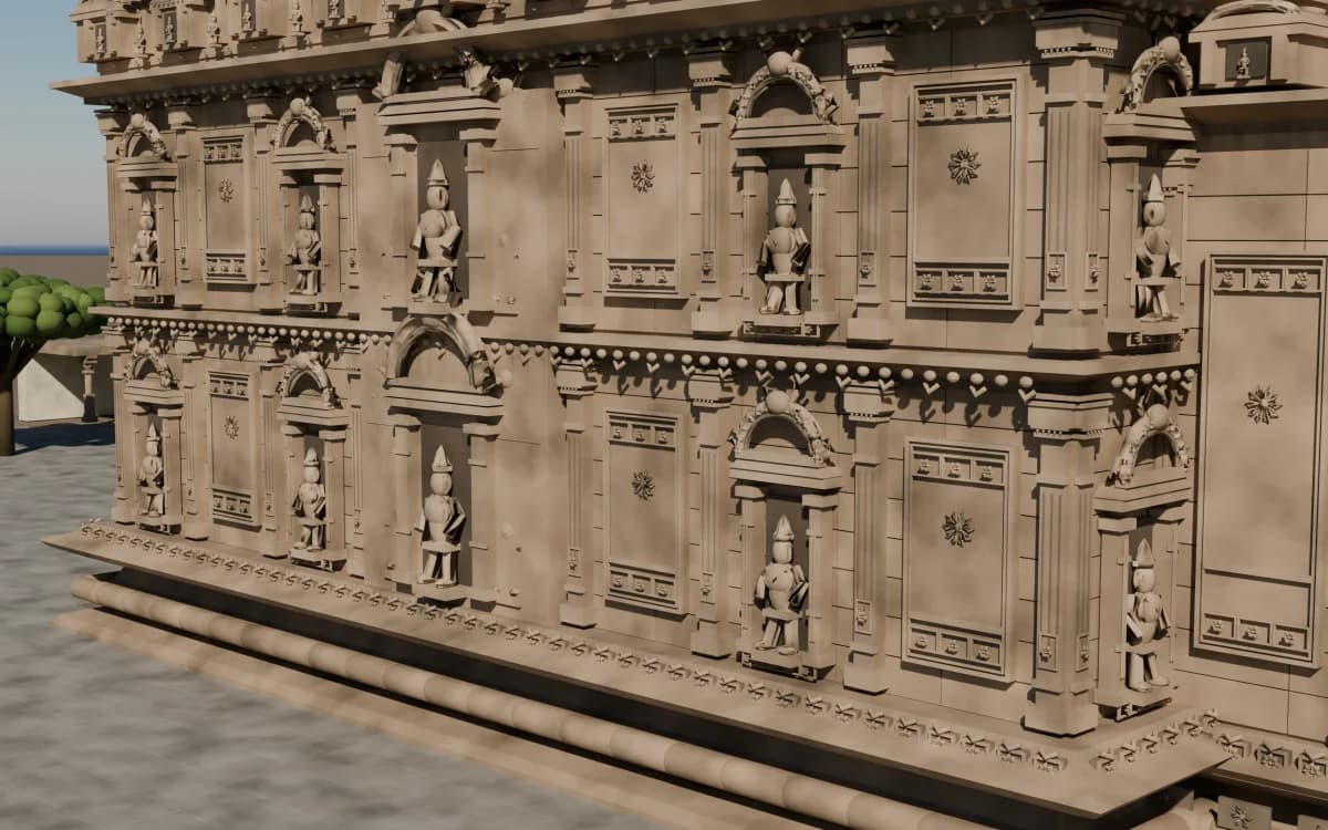 Close view of modeled stone columns, repeated niches and weathered temple surfaces
