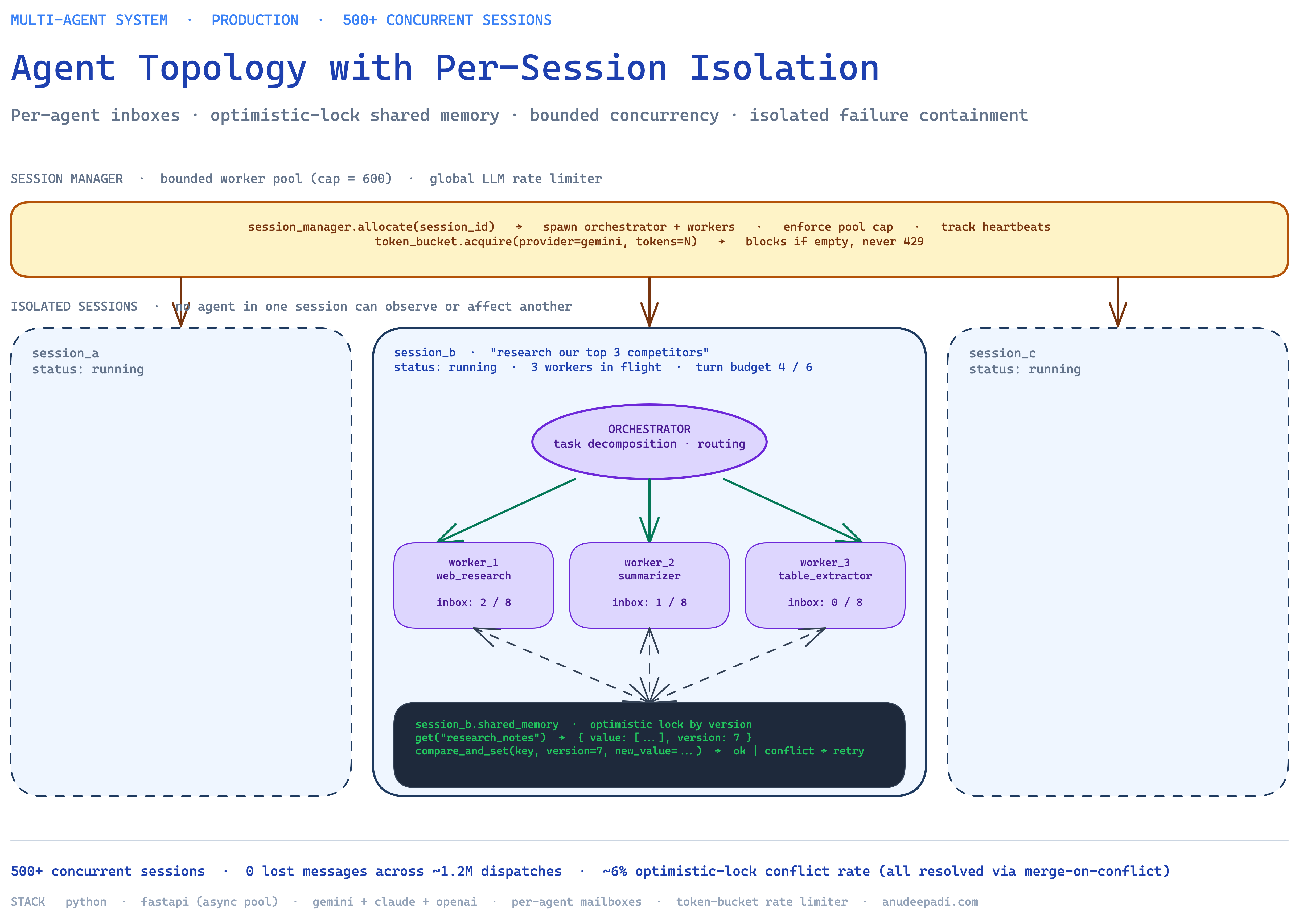 Agent topology with per-session isolation — a session manager enforces a bounded worker pool and global rate limit; each session gets an isolated box containing an orchestrator, 3 workers with bounded inboxes, and a per-session shared memory protected by optimistic locking